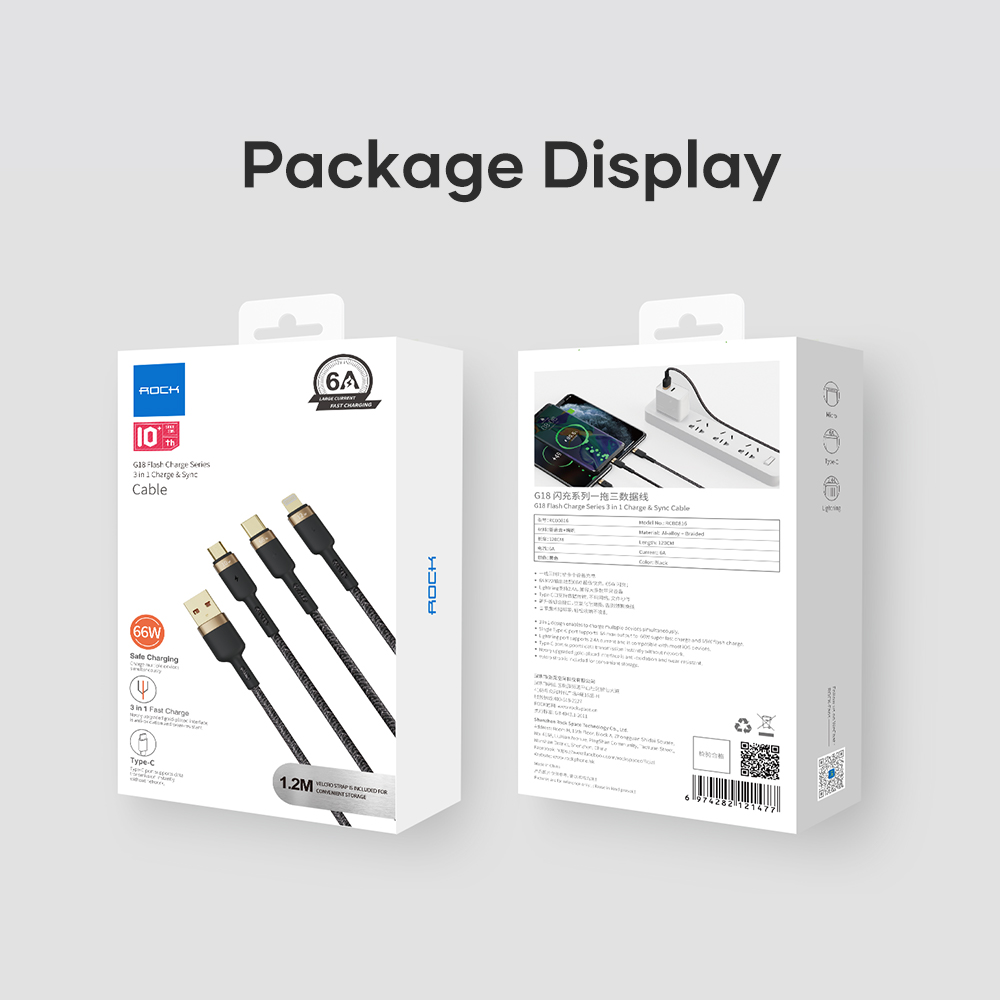 REGO Communication Sdn Bhd - Rock Space | ROCK G18 Flash Charge 66W 3in1 Lightning/Type-C/Micro Cable (1.2M)