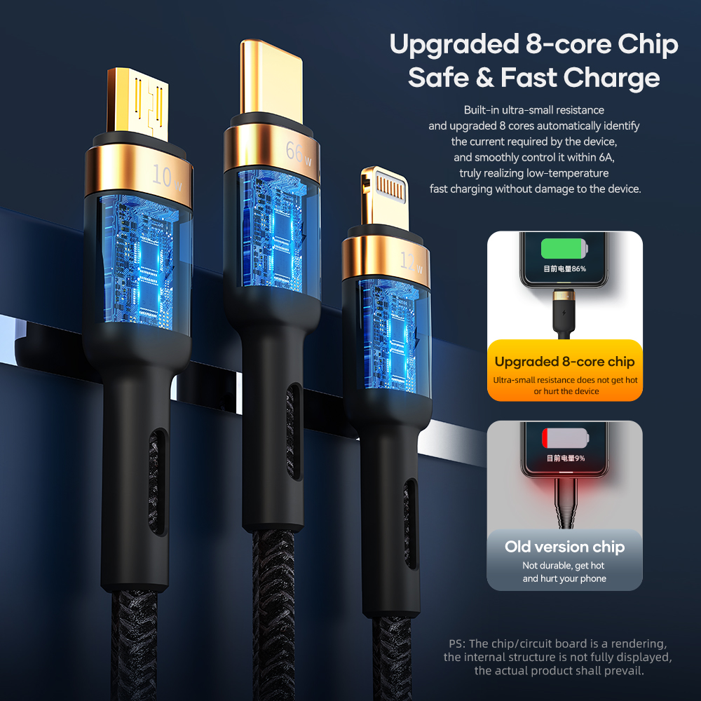 REGO Communication Sdn Bhd - Rock Space | ROCK G18 Flash Charge 66W 3in1 Lightning/Type-C/Micro Cable (1.2M)
