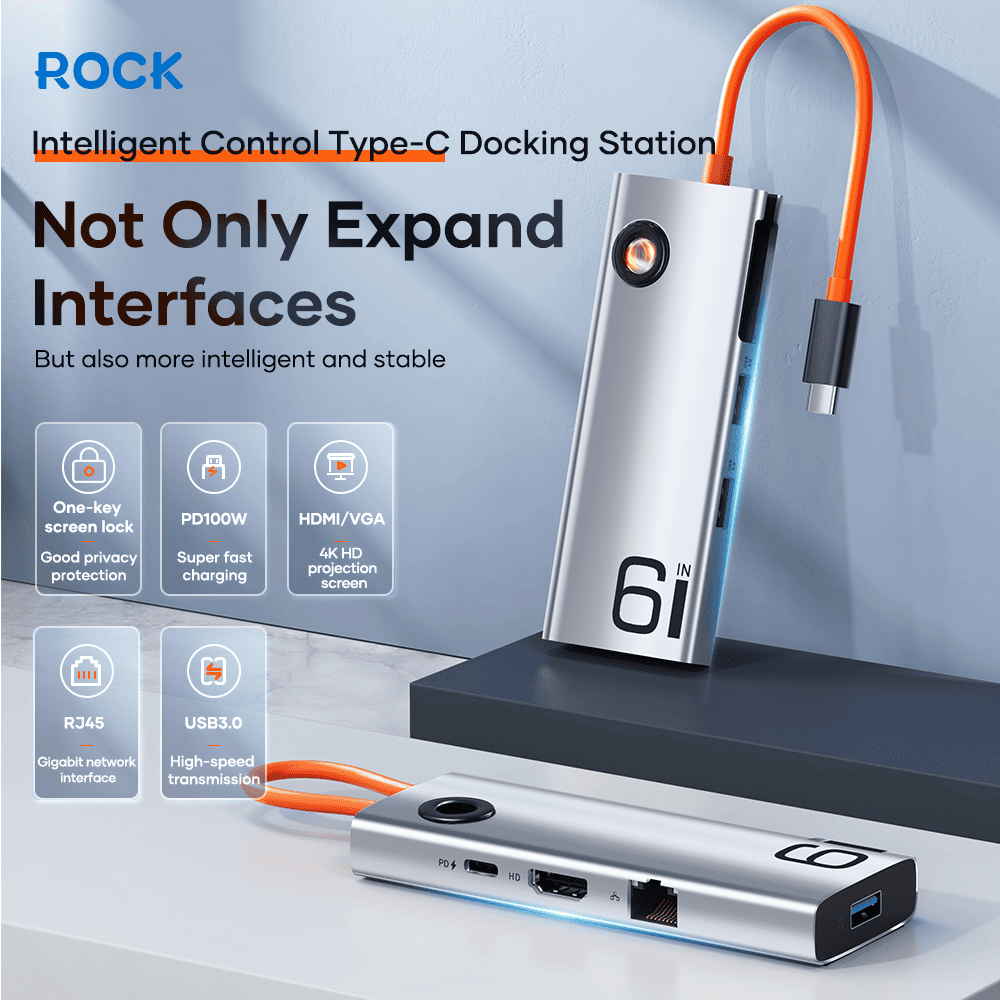 ROCK TR28 6in1 Type-C to HDMI RJ45+USB 3.0×3 Docking Station