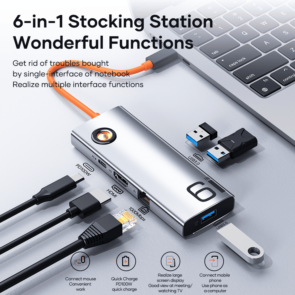 REGO Communication Sdn Bhd - Rock Space | ROCK TR28 6in1 Type-C to HDMI RJ45+USB 3.0×3 Docking Station