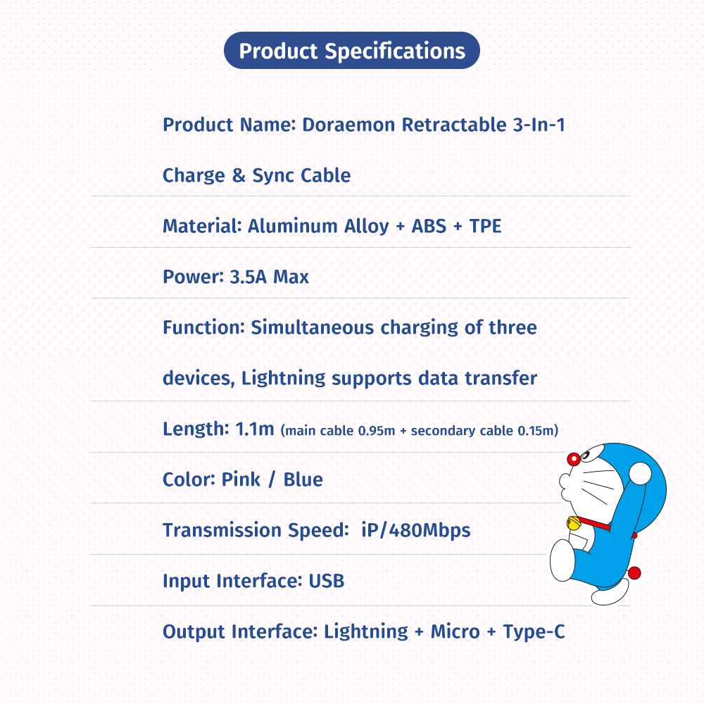 REGO Communication Sdn Bhd - Rock Space | ROCK Doraemon Retractable 3 in 1 Charge & Sync Cable