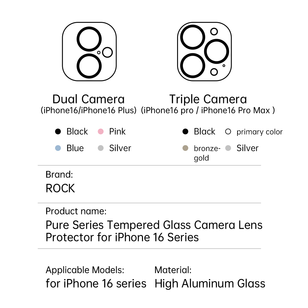 REGO Communication Sdn Bhd - Rock Space | iPhone 16 & iPhone 16 Plus ROCK Pure Series Camera Lens 9H Tempered Glass Protector