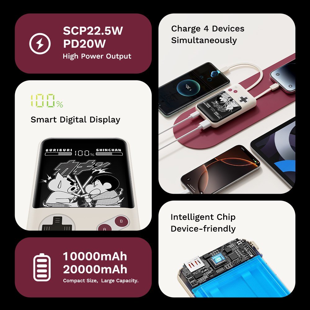 REGO Communication Sdn Bhd - Rock Space | ROCK Crayon ShinChan P95 10000mAh PD 22.5W Fast Charging Power Bank with Built-in Cables