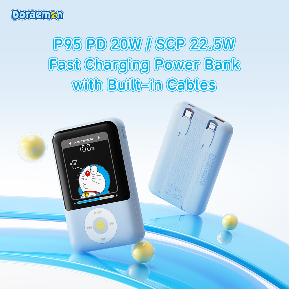 ROCK Doraemon P95 10000mAh PD 22.5W Fast Charging Power Bank with Built-in Cables