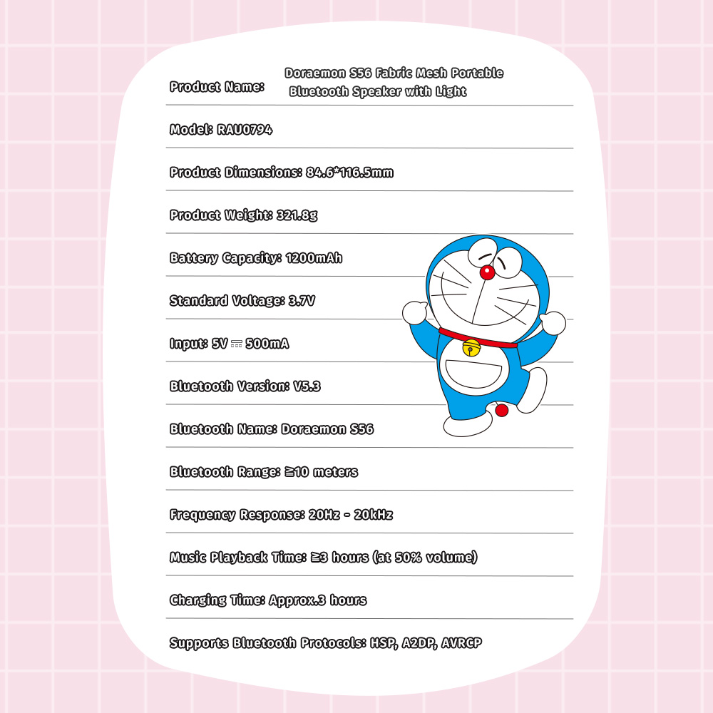 REGO Communication Sdn Bhd - Rock Space | ROCK Doraemon S56 Fabric Mesh Portable Bluetooth Speaker with Light