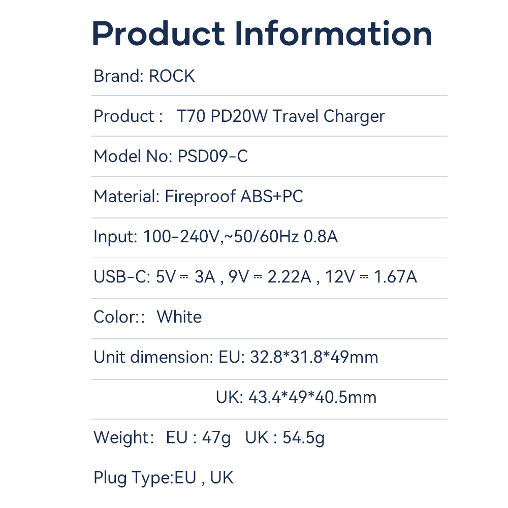 REGO Communication Sdn Bhd - Rock Space | ROCK T70 PD 20W Travel Charger